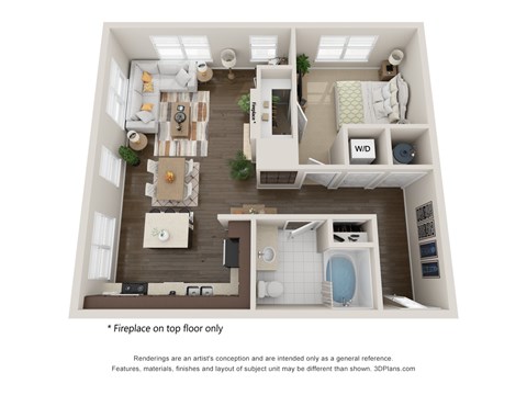 A 3D floor plan of a small apartment with a kitchen, living room, and bathroom.